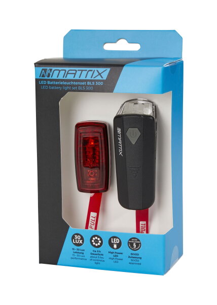 MATRIX LED Akku Fahrradlicht Set 30 Lux StVZO BLS 300 Lenker/Sattelstütze schwarz