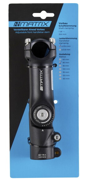 MATRIX Ahead-Vorbau UP-2 AHS höhenverstellbar 25,4mm Lenker 90mm Schwarz Matt